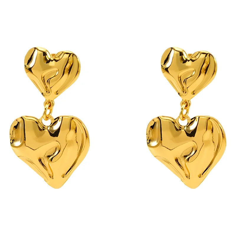 Simple Diamond Earrings For Daily Wear-Double Heart Drop Earrings