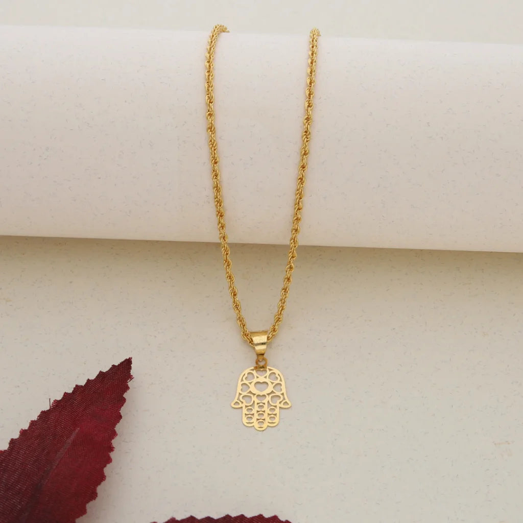 Classic Crystal Necklace For Special Occasions-Gold Necklace (Chain With Gold Hamsa Pendant with Heart Shaped) 21KT - FKJNKL21K7587