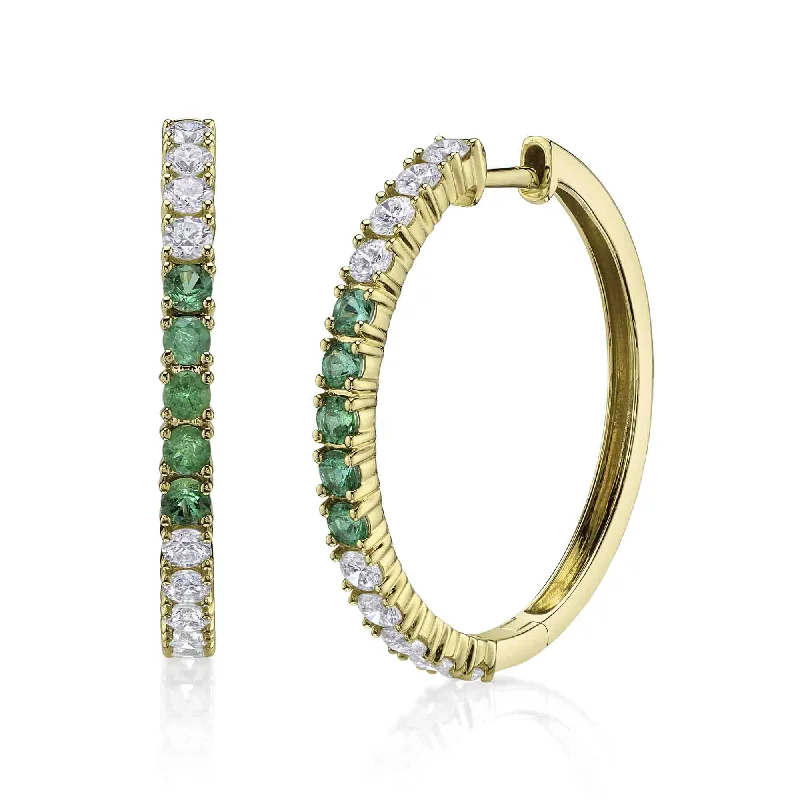 Sparkly Earrings For Formal Events-14kt Yellow Gold Hoop Earrings / 0.91ct TW Diamond & 0.50ct Emerald TW