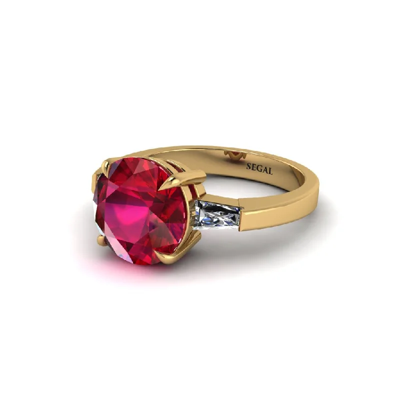 Trendy Gold Wedding Rings For Bridesmaids-3 Stone Round Cut Ruby With 2 Baguettes Engagement Ring - Gwendolyn No. 10