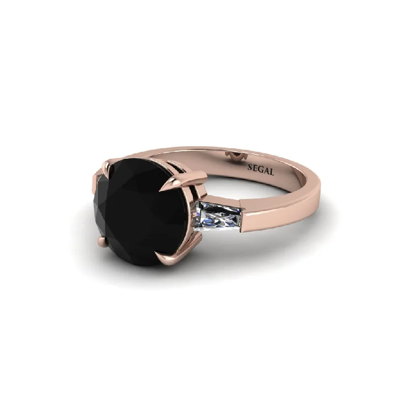 Simple Stacking Rings For Bridesmaids-3 Stone Round Cut Black Diamond With 2 Baguettes Engagement Ring - Gwendolyn No. 8