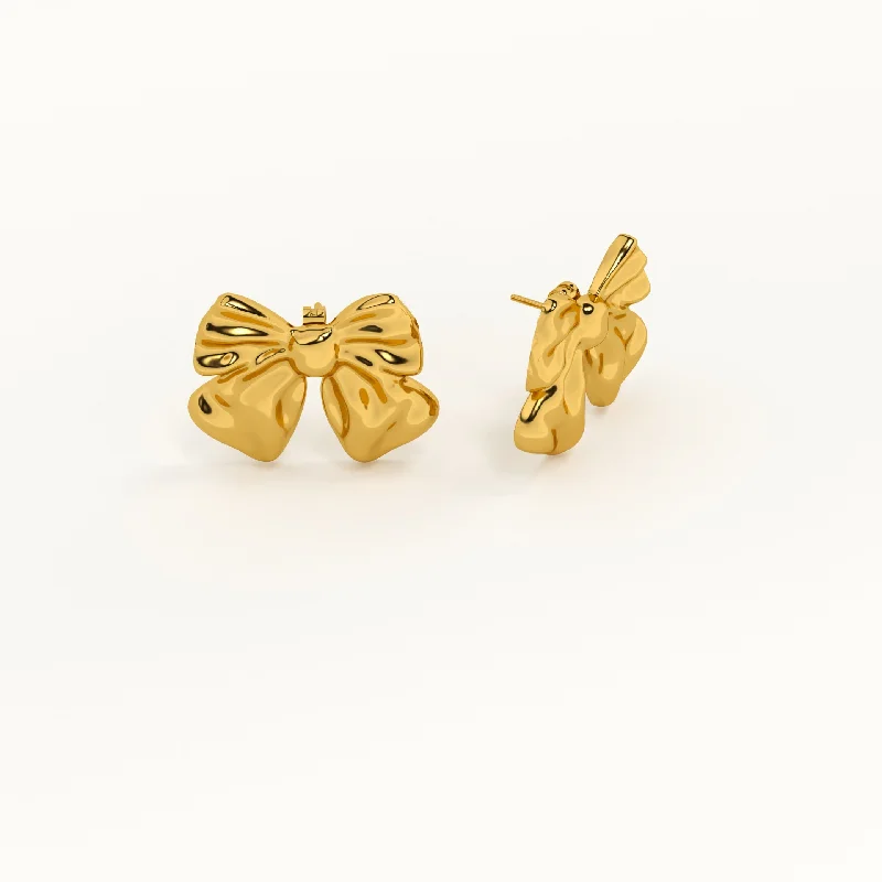 Elegant Gold Earrings For Special Occasions-Chic Golden Ribbon Stud Earrings