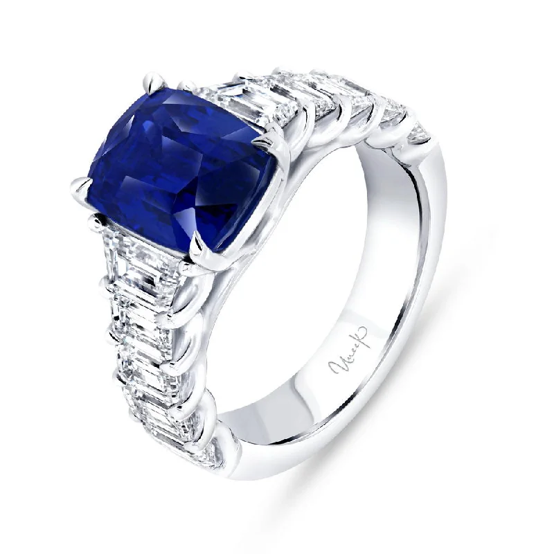 Custom Engagement Rings With Colored Stones For Brides-Uneek Precious Collection Tapered Cushion Cut Blue Sapphire Engagement Ring