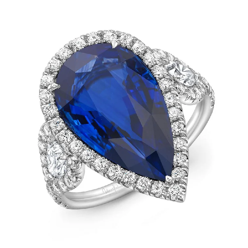 Trendy Stackable Rings For Bridesmaids-Uneek Pear Shaped Blue Sapphire Engagement Ring