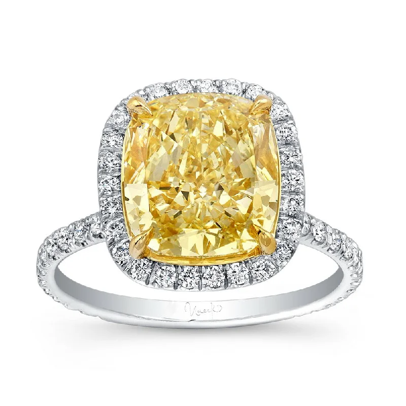 Simple Custom Engagement Rings For Bridesmaids-Uneek Cushion-Cut Fancy Yellow Diamond Halo Engagement Ring