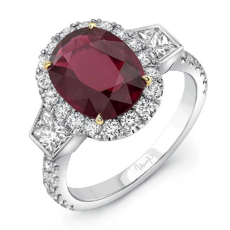 Unique Gemstone Engagement Rings For Wedding Day-Uneek Contemporary Three-Stone Ring with Oval Ruby Center