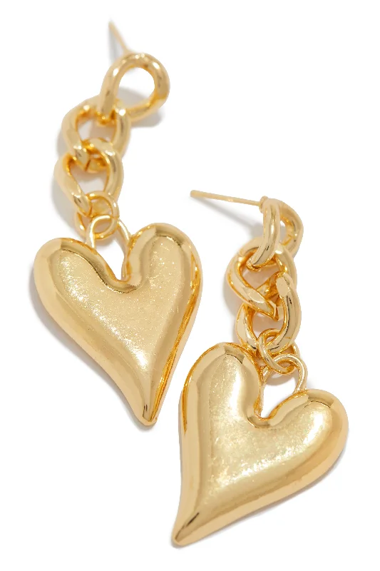 Custom Beaded Earrings For Weddings-Love Bond Dangle Heart Pendant Earring - Gold