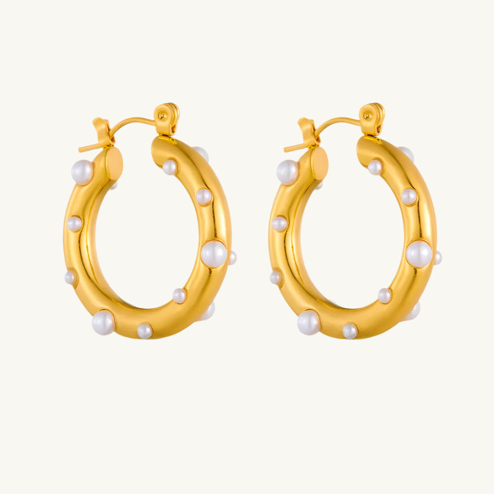 Elegant Teardrop Earrings For Evening Wear-Diamond Pearl Studded Hoop Earrings