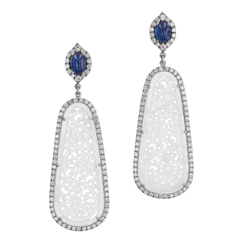 Long Drop Earrings With Gemstones-Icy Jadeite and Blue Sapphire White Gold Drop Earrings