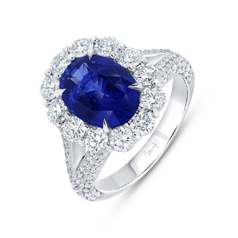 Custom Engagement Rings With Diamonds For Brides-Uneek Precious Collection Split Oval Shaped Blue Sapphire Engagement Ring