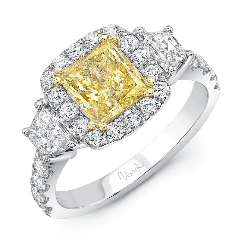 Simple Custom Rings For Special Occasions-Uneek Contemporary Princess-Cut Yellow Diamond Center Three-Stone Engagement Ring