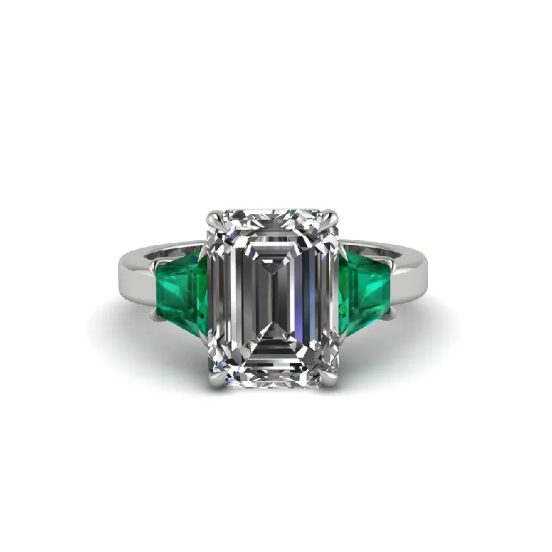 Classic Solitaire Rings For Engagement Proposals-Diamond Emerald Cut Three Stone Ring With Custom Baguette - Yvette No. 18