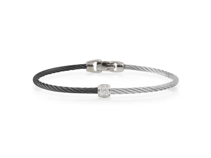 Elegant Custom Bracelets For Weddings-ALOR Black & Grey Cable Colorblock Barrel Station Bracelet