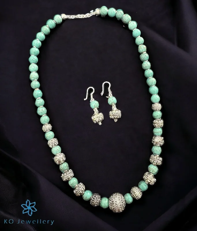 Trendy Layered Necklace For Evening Events-The Silver Turquoise Beads Necklace & Earrings