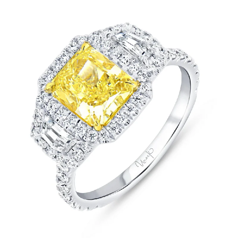 Unique Wedding Bands With Personalized Engravings-Uneek Natureal Collection 3-Stone-Halo Radiant Yellow Diamond Engagement Ring