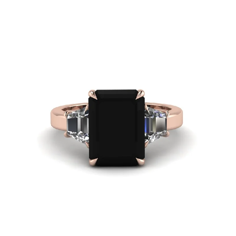 Trendy Stackable Rings For Bridesmaids-Black Diamond Emerald Cut Three Stone Ring With Custom Baguette - Yvette No. 8