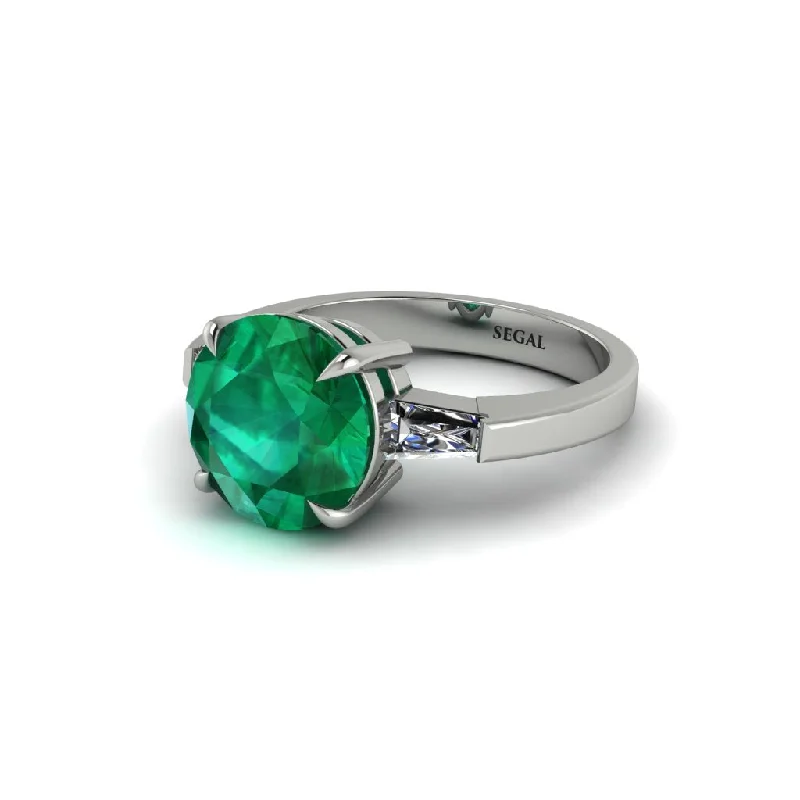 Personalized Wedding Bands For Special Gifts-3 Stone Round Cut Emerald With 2 Baguettes Engagement Ring - Gwendolyn No. 6