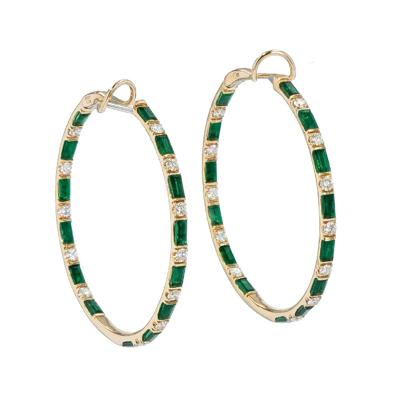 Elegant Drop Earrings For Formal Wear-Emerald and Diamond Rose Gold Hoop Earrings