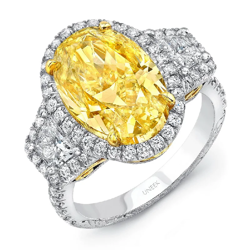 Trendy Engagement Rings For Fashion-Forward Brides-Uneek Oval Fancy Yellow Diamond Three-Stone Engagement Ring with Filigree and Hand Engraving Details