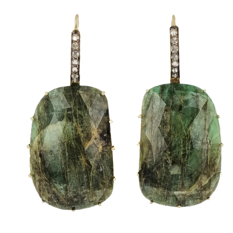 Elegant Crystal Earrings For Weddings-Natural Emerald Slice & Spiked Diamond Pave Drop Earrings