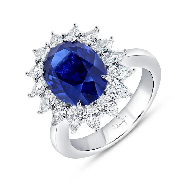 Classic Gemstone Rings For Wedding Day Gifts-Uneek Precious Collection Halo Oval Shaped Blue Sapphire Engagement Ring