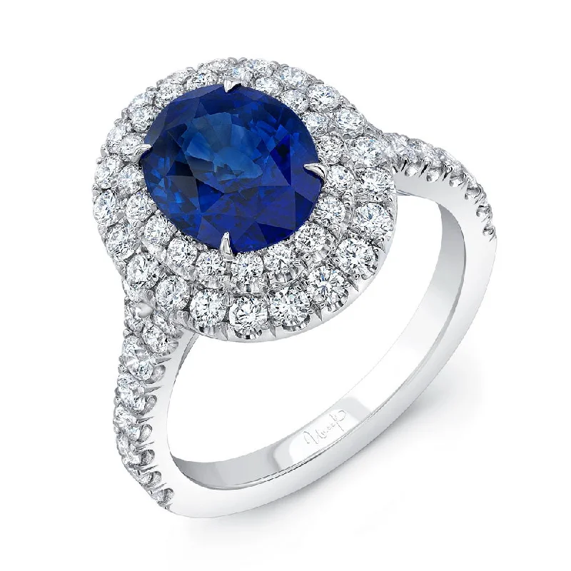 Sparkling Engagement Rings With Colored Gemstones-Uneek Oval Blue Sapphire Ring with Diamond Double Halo