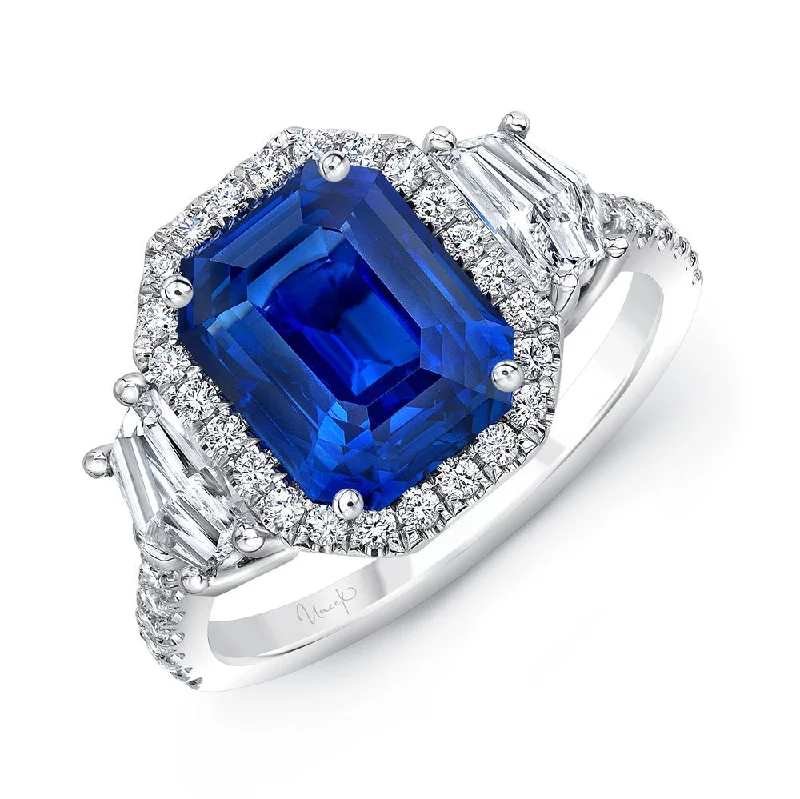 Sparkling Wedding Rings With Colored Diamonds-Uneek Precious Collection Halo Emerald Cut Blue Sapphire Engagement Ring