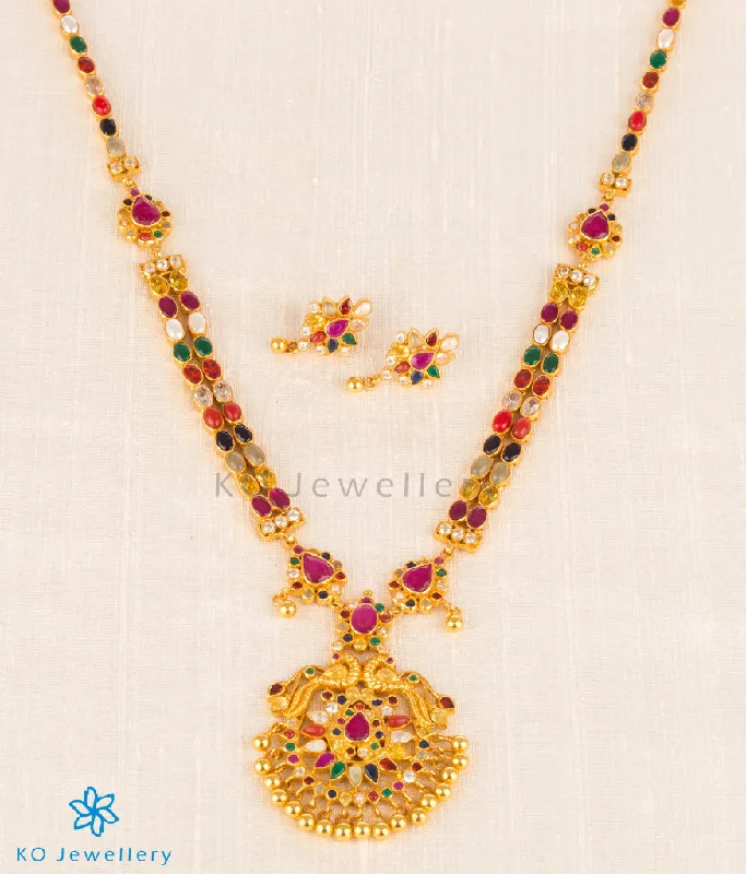 Simple Heart Necklace For Special Occasions-The Kumaravahin Silver Peacock Navaratna Necklace