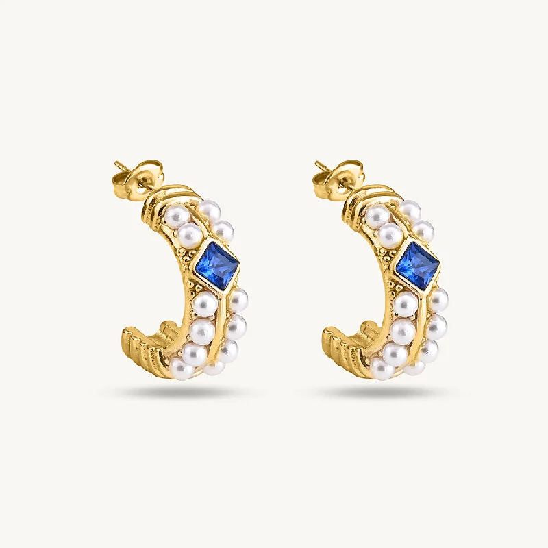 Elegant Gold Earrings For Day Wear-Classic Pearl and Sapphire Gold Hoop Earrings