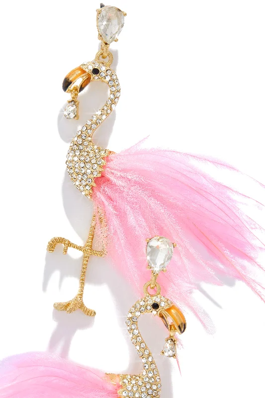 Personalized Earrings With Swarovski Crystals-Aruba Faux Feather Flamingo Earring - Pink