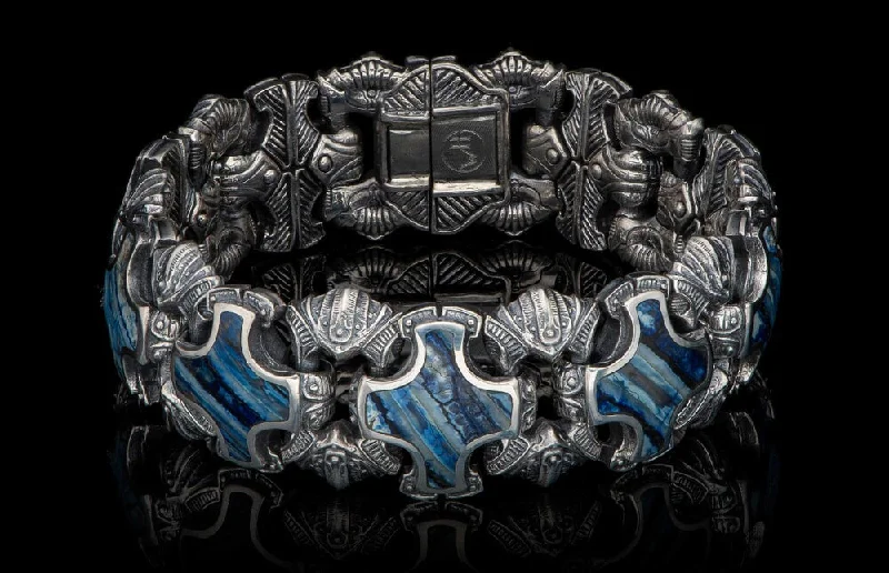 Natural Stone Bracelets For Men-DELPHI SCULPTED STERLING SILVER BRACELET INLAID WITH BLUE FOSSIL MAMMOTH TOOTH