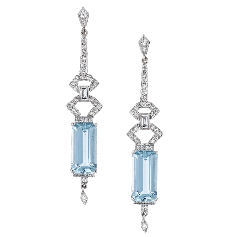 Simple Gemstone Earrings For Office Look-Platinum Diamond Aquamarine Drop Earrings