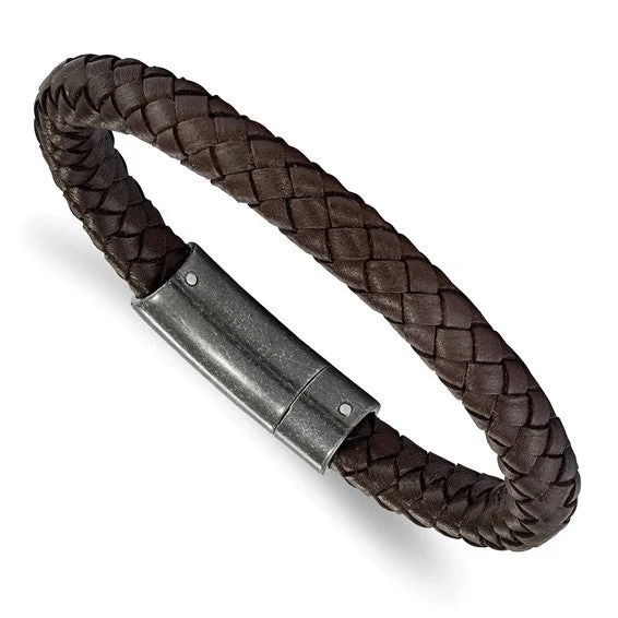 Handmade Adjustable Bracelets-Chisel Stainless Steel Brushed Brown Braided Leather 8.25 inch Bracelet