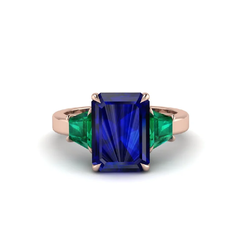 Elegant Gold Rings For Wedding Day-Sapphire Emerald Cut Three Stone Ring With Custom Baguette - Yvette No. 29