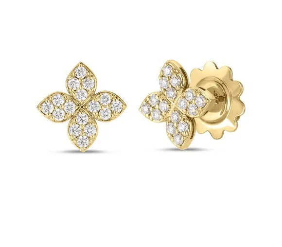 Luxury Diamond Earrings For Engagement-18kt Yellow Gold Pave Diamond Love in Verona Flower Stud Earrings