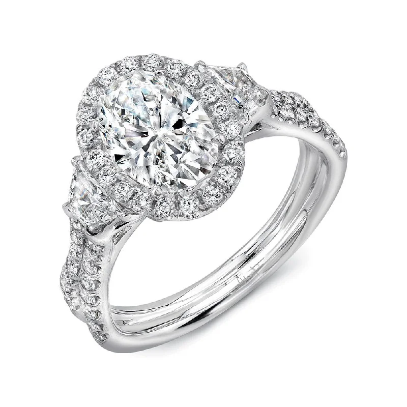 Trendy Custom Rings For Special Occasions-Uneek Oval-Center Three-Stone Engagement Ring with Pave Double Shank