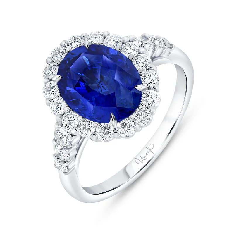 Personalized Custom Rings For Special Occasions-Uneek Precious Collection Halo Oval Shaped Blue Sapphire Engagement Ring