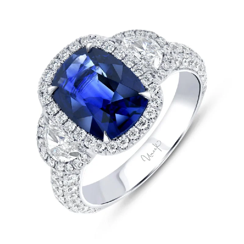 Sparkling Engagement Rings With Colored Gemstones-Uneek Precious Collection Three-Stone Cushion Cut Blue Sapphire Engagement Ring