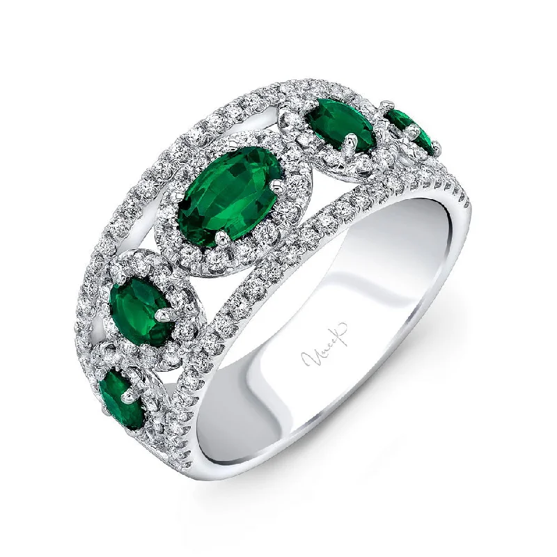 Elegant Wedding Bands With Emerald Stones-Uneek Precious Collection 5-Stone-Halo Oval Shaped Emerald Fashion Ring