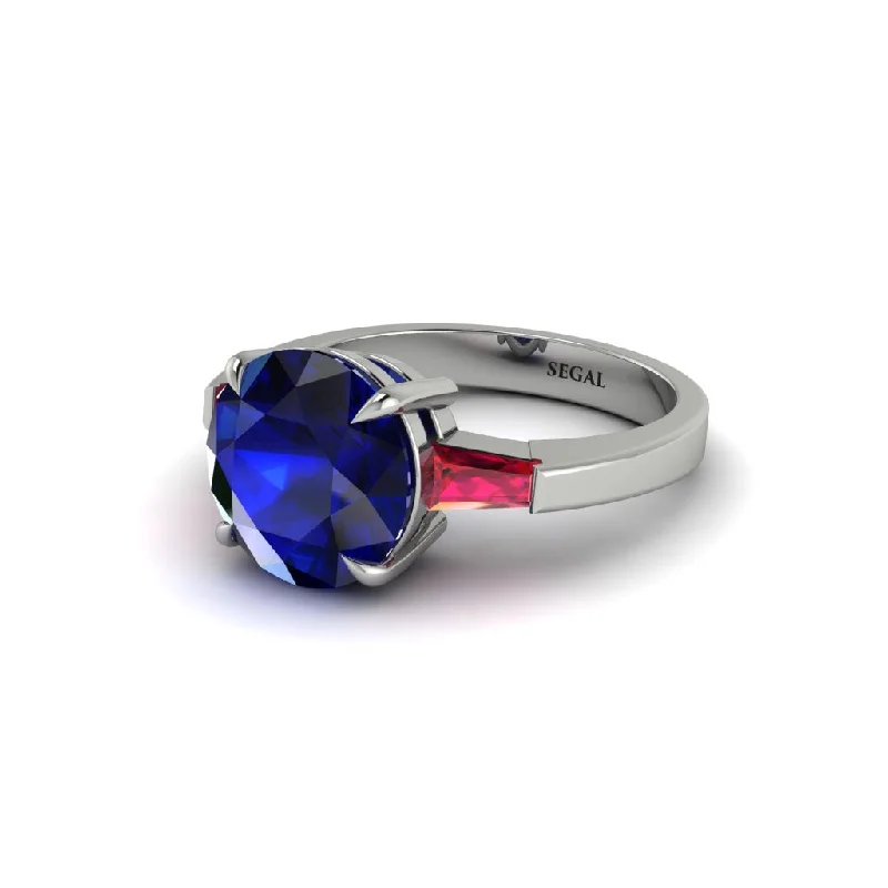 Sparkling Custom Engagement Rings For Bridesmaids-3 Stone Round Cut Sapphire With 2 Baguettes Engagement Ring - Gwendolyn No. 60