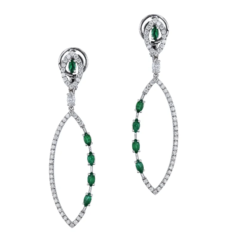 Custom Earrings For Wedding Jewelry-Emerald and Diamond White Gold Dangle Earrings