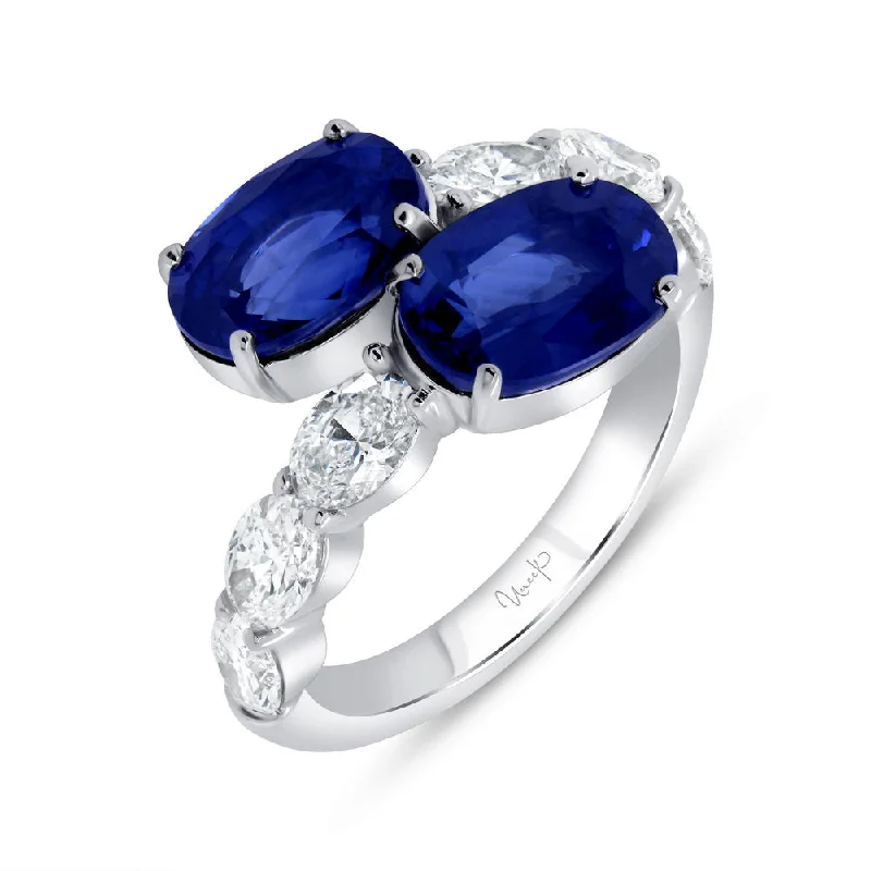 Trendy Gemstone Wedding Rings For Brides-Uneek Precious Collection Bypass Oval Shaped Blue Sapphire Anniversary Ring