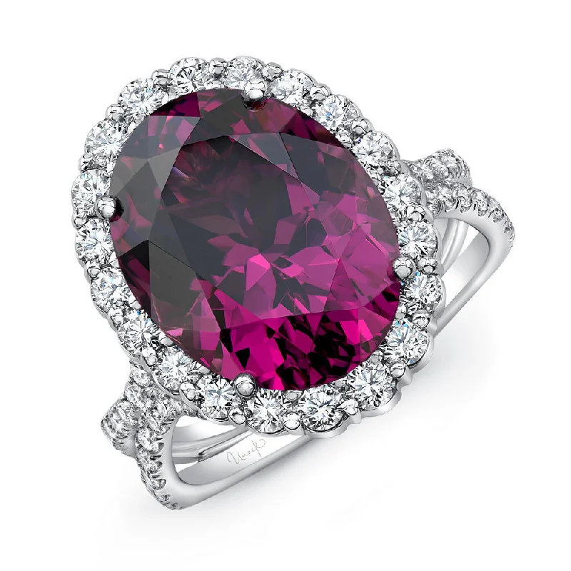 Elegant Gemstone Wedding Rings For Special Gifts-Uneek Precious Collection Halo Oval Shaped Rhodolite Engagement Ring