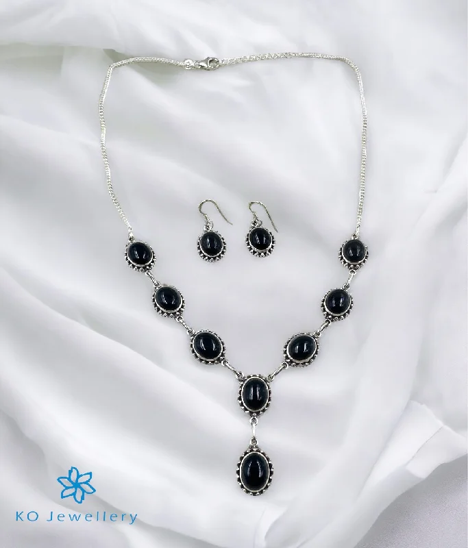 Classic Silver Necklace For Evening Wear-The Silver Gemstone Necklace & Earrings (Black)