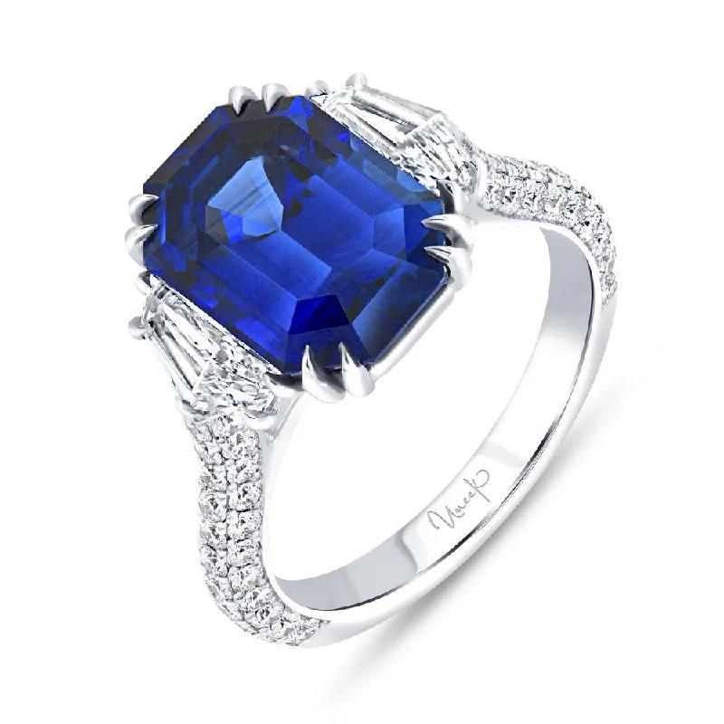 Sparkling Wedding Bands For Bridesmaids-Uneek Precious Collection Three-Stone Emerald Cut Blue Sapphire Engagement Ring