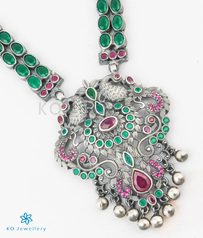 Elegant Chain Necklace For Formal Events-The Madhurya Silver Peacock Kempu Necklace (Oxidised)