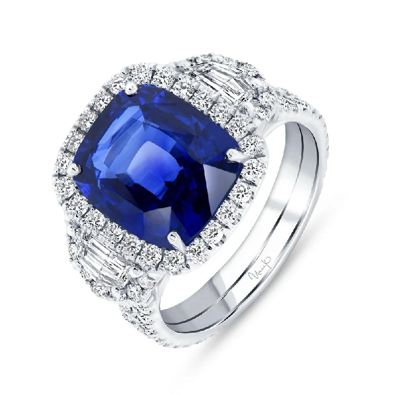 Personalized Stacking Rings For Elegant Brides-Uneek Cushion-Cut Blue Sapphire Ring with Epaulet Diamond Sidestones and Double-Row Pave Shank