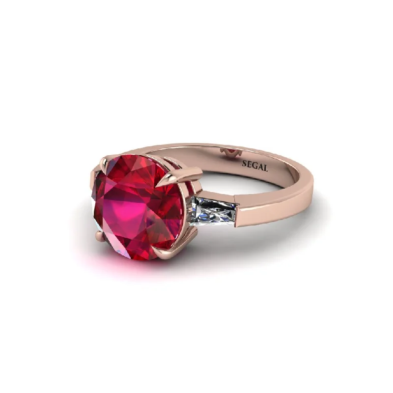 Custom Diamond Engagement Rings For Brides-3 Stone Round Cut Ruby With 2 Baguettes Engagement Ring - Gwendolyn No. 11