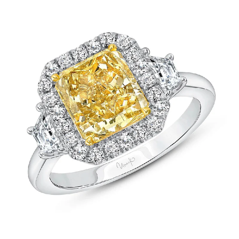 Classic Wedding Bands For Minimalist Brides-Uneek Natureal Collection 3-Stone-Halo Radiant Yellow Diamond Engagement Ring