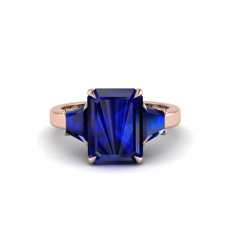 Unique Gemstone Wedding Rings For Bridesmaids-Sapphire Emerald Cut Three Stone Ring With Custom Baguette - Yvette No. 74